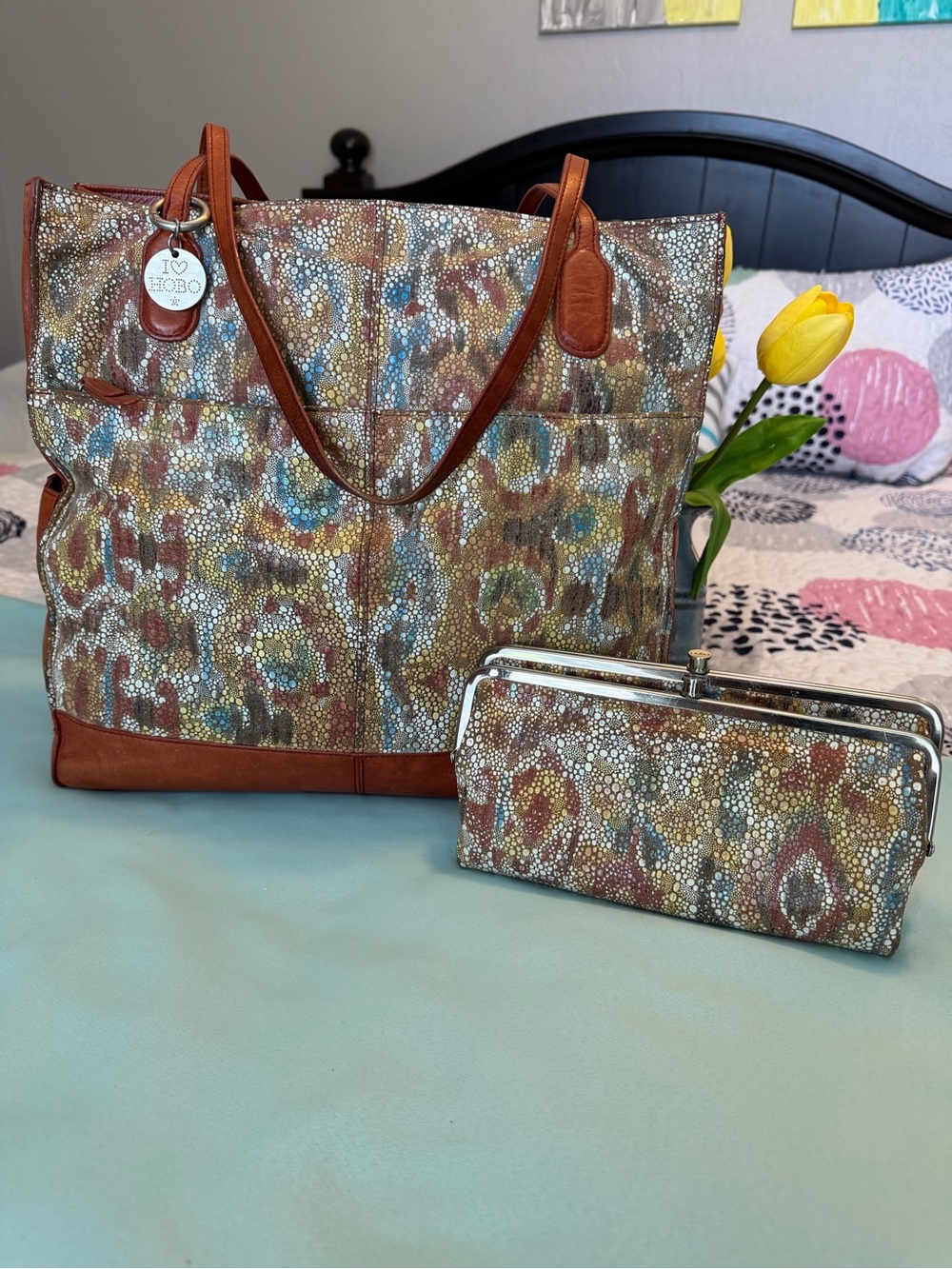 HOBO Glittery Snakeskin Multicolor Print Leather Tote + Double Kisslock Wallet